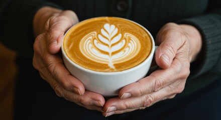Warmth in Every Sip: Hands Holding Latte Art Coffee - A pair of hands gently cradles a warm cup of coffee, showcasing exquisite latte art.