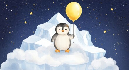 Watercolor Penguin's Night Sky Adventure - A cute watercolor penguin holds a yellow balloon, standing on a cloud-like iceberg under a starry night sky.