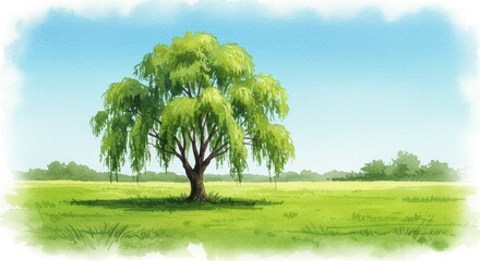 Weeping Willow in a Summer Meadow - A single weeping willow tree stands gracefully in a vibrant green meadow under a clear blue sky. Peaceful and idyllic nature scene