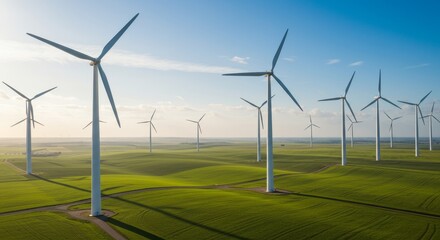 Wind Turbines in Green Fields - Expansive view of numerous wind turbines generating clean energy in a vast, verdant landscape under a clear sky