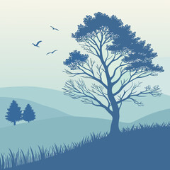 Obraz premium Blue Tree Silhouette Landscape with Birds