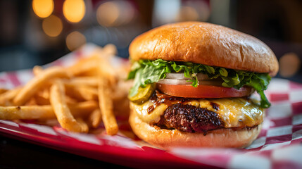 Close Up Of A Delicious Gourmet Burger With Golden Fries On Red Checkered Paper