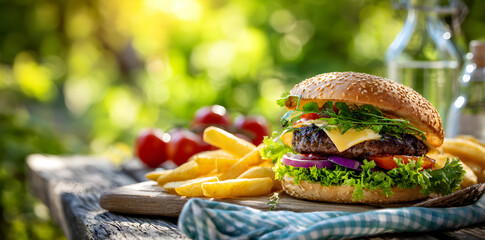 Close Up Of Burger With French Fries And Tomatoes On Wooden Table Outdoors