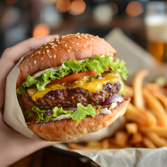 Close Up Of A Hand Holding A Gourmet Burger With Fries On A Wooden Table