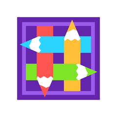 Abstract emblem logo made of colored pencils. Creativity, art and art studio. Multicolored square icon. Flat vector illustration isolated on white background
