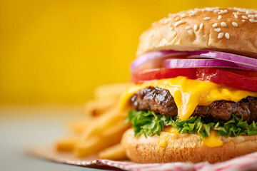 Close Up Of Freshly Made Hamburger And French Fries On Yellow Background