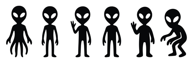 Set of alien and extraterrestrial silhouette figures in black, great for sci-fi themes, UFO illustrations, and fantasy or space design concept