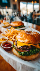 Close Up View of Cheeseburger with French Fries and Condiments in Restaurant