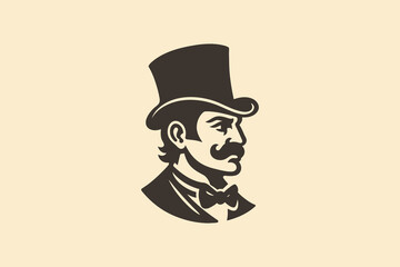Gentleman in top hat profile, vintage flat style vector logo illustration