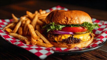 Delicious Burger with French Fries on Checkered Paper Closeup View