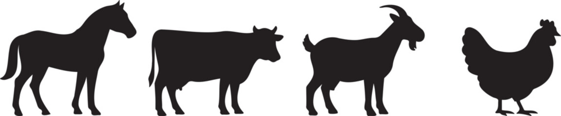 Set of domestic farm animal silhouettes including horse, cow, goat, and chicken in black on white, ideal for agriculture and rural themes