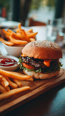 Delicious Burger with Fries and Ketchup on a Wooden Board in Warm Lighting