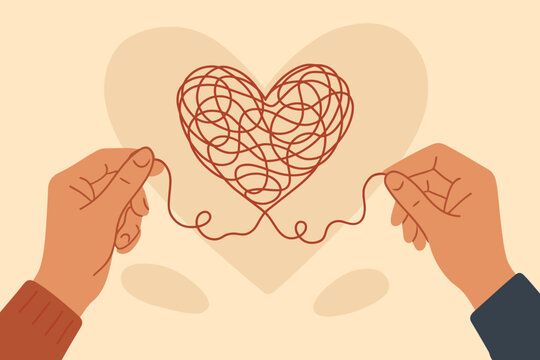 Hands untangling a chaotic thread heart. A metaphor for love therapy, relationship problems, and mental health. Psychology concept for solving complex emotional issues and stress.