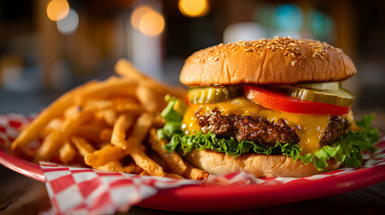 Close Up Of A Delicious Burger And French Fries On A Red Tray