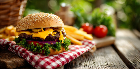 Close Up Of A Delicious Burger With Fries On A Wooden Table Outside