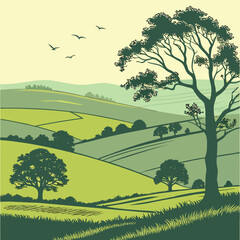  Classic English Countryside Landscape: Rolling Hills and Trees Vector Art