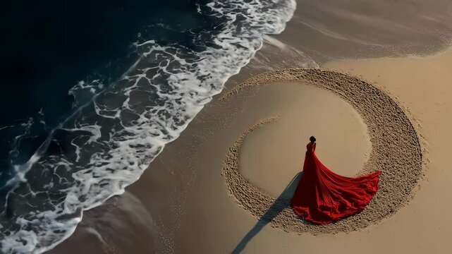 Top-down shot of a model wearing a magnificent red gown on the beach, with ocean waves ebbing and flowing around her feet.

