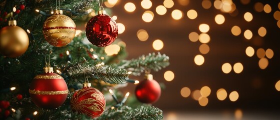 Festive Christmas Tree Decorated with Red and Gold Baubles and Warm Bokeh Lights in the Background