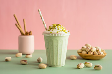 A pistachio milkshake with a straw and pistachios on a green table against a pink background