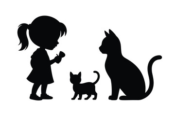 Silhouette of Girl and Two Cats Adorable Pet Friendship