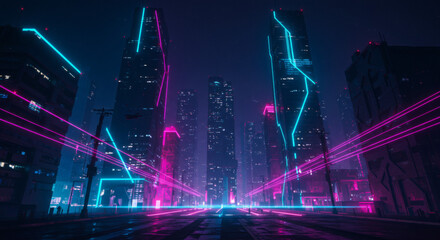 Obraz premium Neon Nightscape Futuristic City Buildings and Architecture