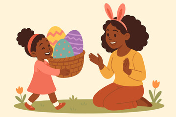 Happy African American mother and daughter celebrating Easter. Little girl giving a basket of decorated eggs to her mom wearing bunny ears. Family togetherness on a spring egg hunt.