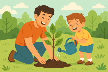 Father and son planting a tree together. Man teaching his child about nature and ecology. Happy family gardening for environmental conservation. Concept for Arbor Day and Earth Day.