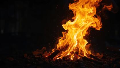 Intense Fire With Burning Charcoal Against Black Background	
