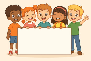 Happy diverse children holding a blank sign. Group of multicultural kids with a white banner for text. Cartoon vector illustration for education, school or advertisement.