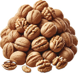 A pile of fresh walnuts whole and cracked ready for eating and snacking