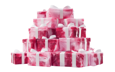 A lovely stack of small pink and red gift boxes tied with delicate ribbons arranged for a romantic celebration isolated on transparent background PNG