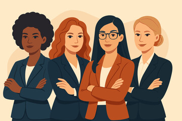 Diverse group of confident businesswomen standing together. Multi-ethnic female entrepreneurs team. Concept for women leadership, empowerment, success, and professional teamwork.