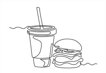 One line drawing of hamburger and soda or cola drink. Fast food cheeseburger. Street food concept. Hand drawn one line vector. Editable stroke	