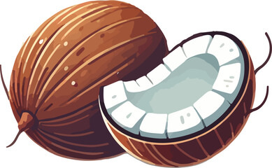 Artistic illustration of a fresh coconut with a sectioned piece ready for enjoyment