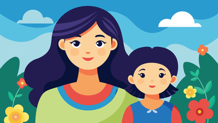 Smiling Mother and Daughter Portrait with Floral Background Illustration, Flat Vector Design