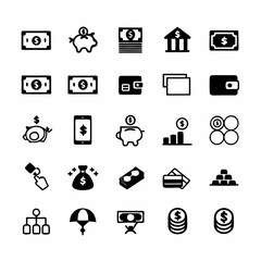Create a diverse icon pack depicting finance and banking concepts.  Include icons for money, graphs, transactions, security, and global finance.