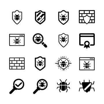 Create a clean, modern icon set depicting firewall and antivirus software.  Include shield, lock, and network symbols.