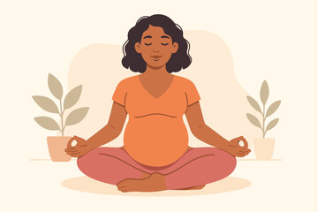 Pregnant black woman meditating in lotus pose. Concept of maternity yoga, wellness, and relaxation. Expecting mother practicing mindfulness and self-care for a healthy pregnancy.