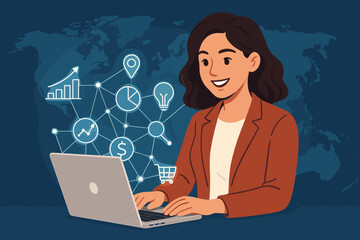 Businesswoman working on laptop with glowing network of digital icons. Global business, data analysis, financial growth, e-commerce, and technology innovation concept vector.
