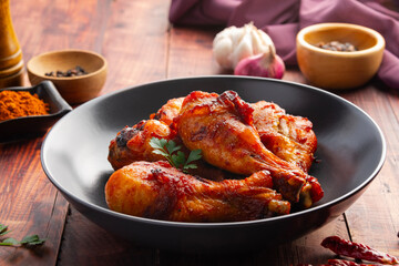 Air Fryer spicy marinated chicken Drumstick in black plate.Healthy cooking low calorie.