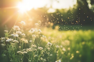 Field with flowers and floating pollen closeup