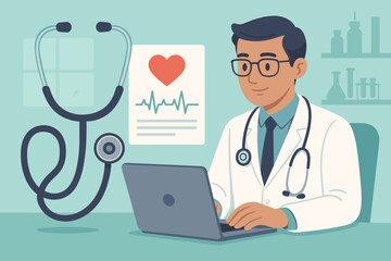 Doctor at desk with laptop for medical checkup analysis. Healthcare concept with man practitioner in clinic. Cardiology with EKG chart. Telemedicine, e-health, online consultation.