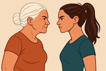 Angry mother and daughter conflict. Senior woman and young adult staring at each other. Family argument, generation gap, and relationship problems concept. Tense confrontation.