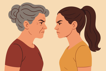 Family conflict concept with angry senior mother and adult daughter. Generation gap, relationship problem, communication issue. Confrontation and misunderstanding between two women.