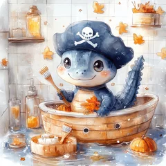 A charming baby crocodile dressed as a pirate stands proudly on a miniature toy ship floating in a bathtub. Holding a toothbrush like a sword it exudes playful joy amidst ocean inspired colors