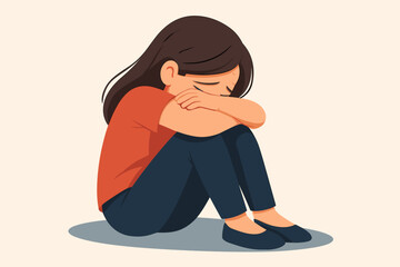 Sad lonely girl crying alone on the floor. Unhappy child suffering from depression, anxiety, or stress. Concept of childhood trauma, bullying, abuse, and mental health issues.