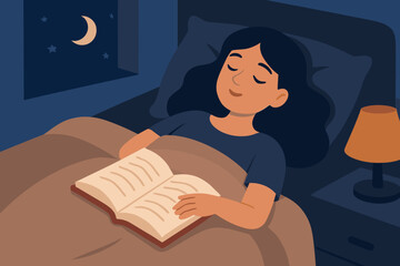 Tired woman sleeping peacefully in bed at night after reading a book. Girl fell asleep in a cozy bedroom. Concept of relaxation, comfort, sweet dreams, and bedtime routine.