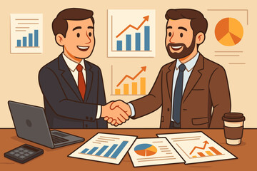 Business partners shaking hands after successful negotiation. Corporate deal agreement concept. Cartoon vector illustration of a meeting with financial growth charts and data.