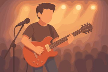Vector illustration of male guitarist performing live on stage with electric guitar, microphone, concert spotlight, musical show, faceless musician, live event, entertainment, rock band concept