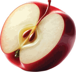Half of a fresh red apple showing seeds stem and flesh on white background
